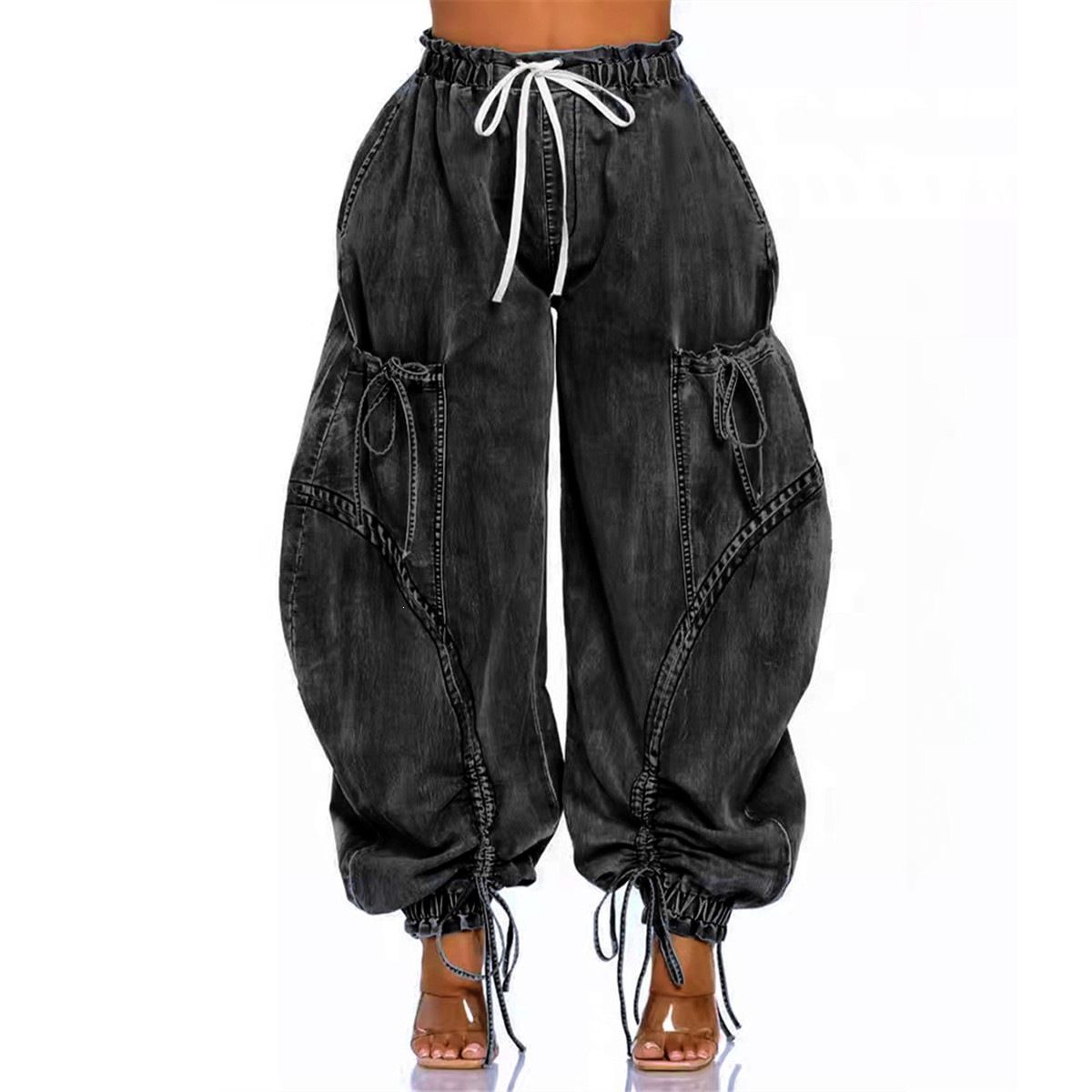 Patchwork Jogger Jeans For Women Elastic Waist Drawstring Long Pants Relaxed Everyday Wear Versatile Comfortable Feshion Trend_mkmklike.com