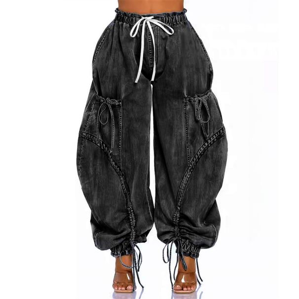 Patchwork Jogger Jeans For Women Elastic Waist Drawstring Long Pants Relaxed Everyday Wear Versatile Comfortable Feshion Trend_mkmklike.com
