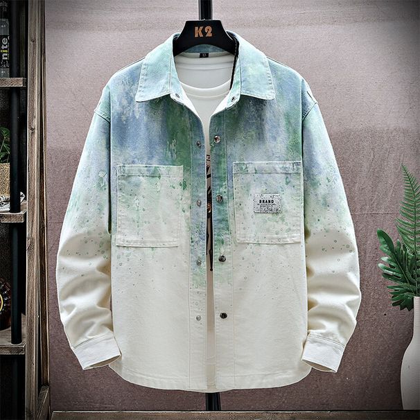 Men's Gradient Color Long Sleeve Jacket Spring Autumn Trendy Brand Casual Chinese Style Shirt Youthful Cool Denim_mkmklike.com