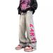 Rose Red Plush Letter Design, Niche Jeans, Oldschool American Style Pants, Trendy Straight Leg Pants_mkmklike.com