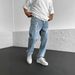 Men's Slim Fit Light Blue Jeans With Letter Embroidery, Straight Leg, Stretch Denim, Casual & Trendy Pants_mkmklike.com