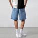 Men's Clothing Summer thin loose simple casual shorts men's retro washed elastic waist ripped straight denim shorts_mkmklike.com