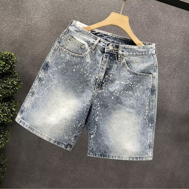 Men's Spray Paint Washed Denim Shorts | Light Blue Distressed Casual Streetwear | Relaxed Fit 5-Inch Summer Shorts_mkmklike.com
