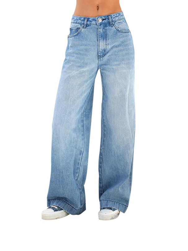 Women's Loose Fit Wide Leg Jeans - Comfortable Cotton Denim Pants With Distressed Details, Classic Blue, Sizes S-XXL_mkmklike.com