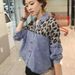 Chicco 2025 New Spring Autumn European And American Style Leopard Print Chiffon Patchwork Plus Size Loose Denim Shirt Women's_mkmklike.com