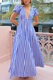 Women's Clothing low-cut V-neck fashion striped puff sleeve big swing dress_mkmklike.com