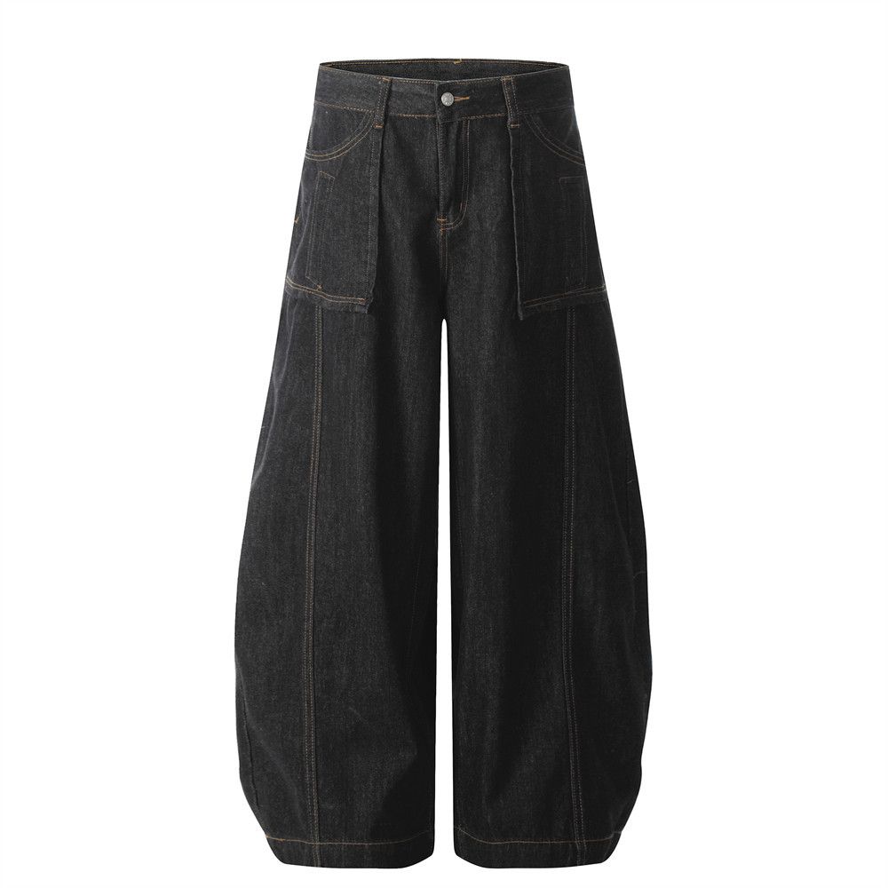 Large Pocket Scimitar Jeans Men's Loose Washed Trendy Curved Wide-Leg Street Solid Color Stitched Long Pants_mkmklike.com