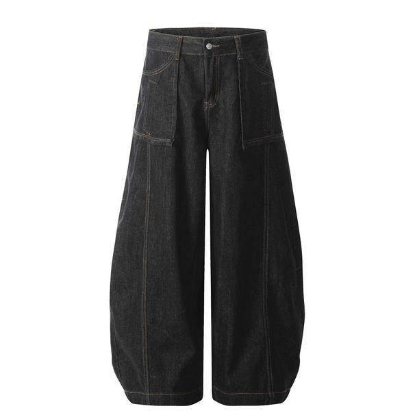Large Pocket Scimitar Jeans Men's Loose Washed Trendy Curved Wide-Leg Street Solid Color Stitched Long Pants_mkmklike.com