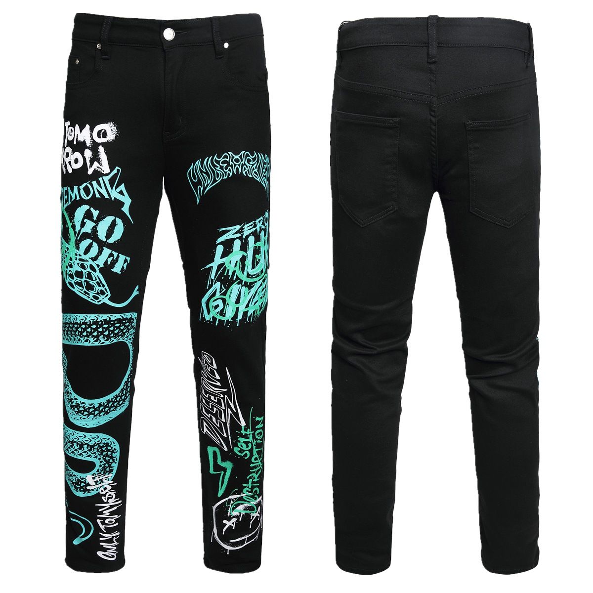 New Trendy Brand Cool Color Printed High Street Fashion Slim Fit Elastic Black Small Leg Denim Pants_mkmklike.com