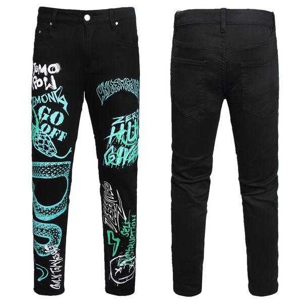 New Trendy Brand Cool Color Printed High Street Fashion Slim Fit Elastic Black Small Leg Denim Pants_mkmklike.com