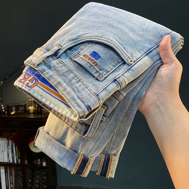 High-end Jeans Spring New Slim Fit Skinny Casual Long Light Blue Embroidered Versatile Trendy Men's Pants_mkmklike.com