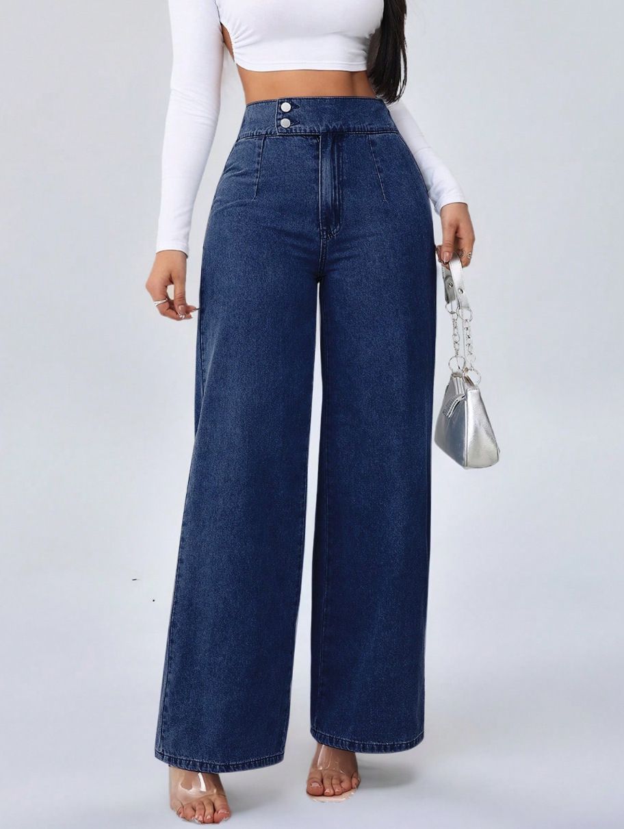Women's High-Waisted Wide-Leg Jeans Retro Dark Blue Button Design Autumn Winter plus Size Casual Comfortable Fit_mkmklike.com
