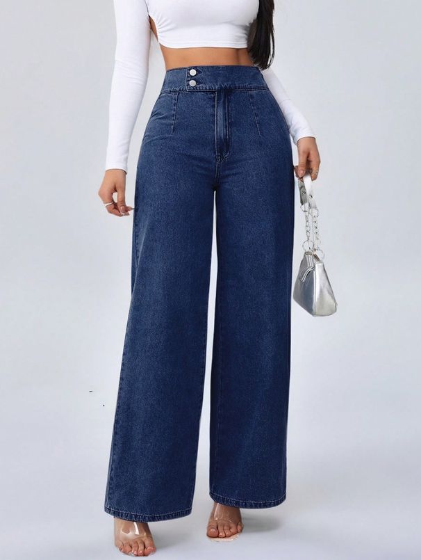 Women's High-Waisted Wide-Leg Jeans Retro Dark Blue Button Design Autumn Winter plus Size Casual Comfortable Fit_mkmklike.com