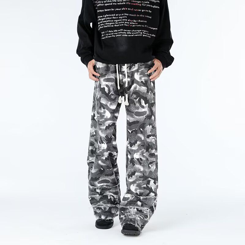 Military Camo Cargo Jeans For Men - Streetwear Wide-Leg Utility Pants With Multi-Pockets & Lumberjack Style_mkmklike.com