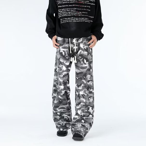 Military Camo Cargo Jeans For Men - Streetwear Wide-Leg Utility Pants With Multi-Pockets & Lumberjack Style_mkmklike.com