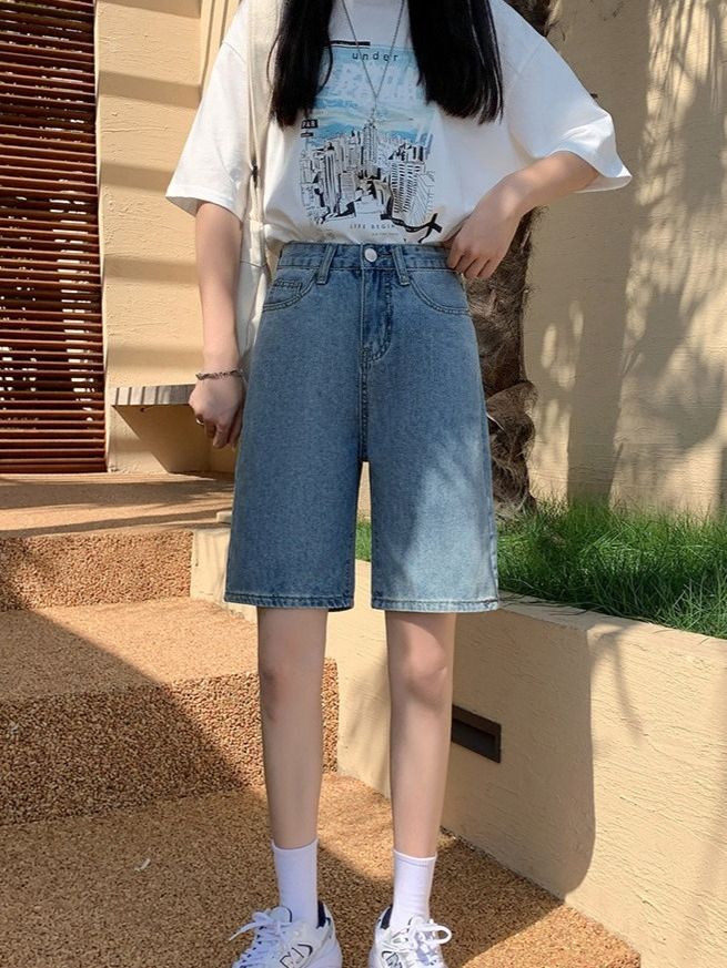 K Cowboy Retro Denim Shorts Women's New High Waisted Straight Leg Five Quarter Pants Loose Wide Leg Shorts_mkmklike.com
