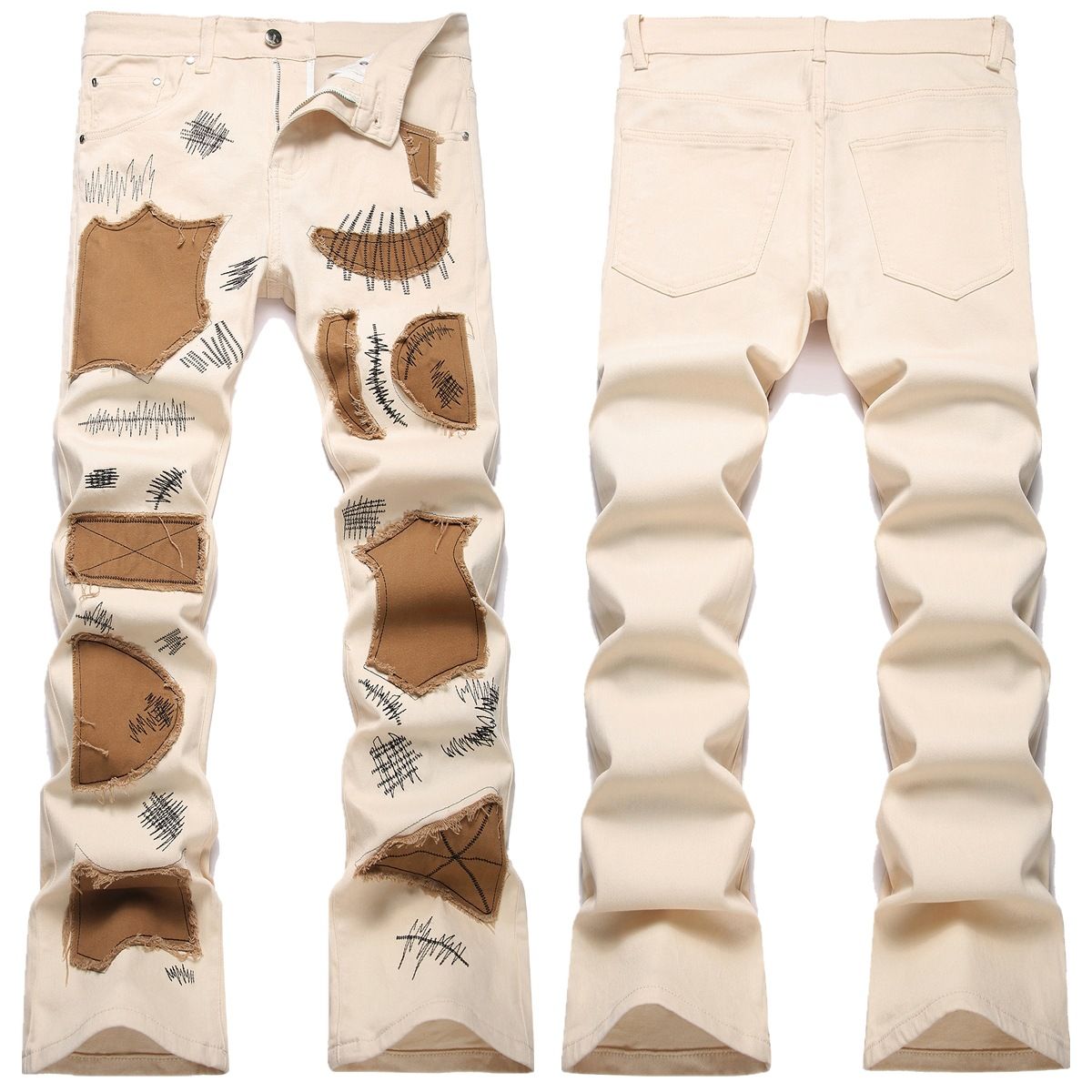 "Punk Style Embroidered Flared Jeans For Men - Slim Fit Denim Trousers With Edgy Patches, Street Fashion"_mkmklike.com