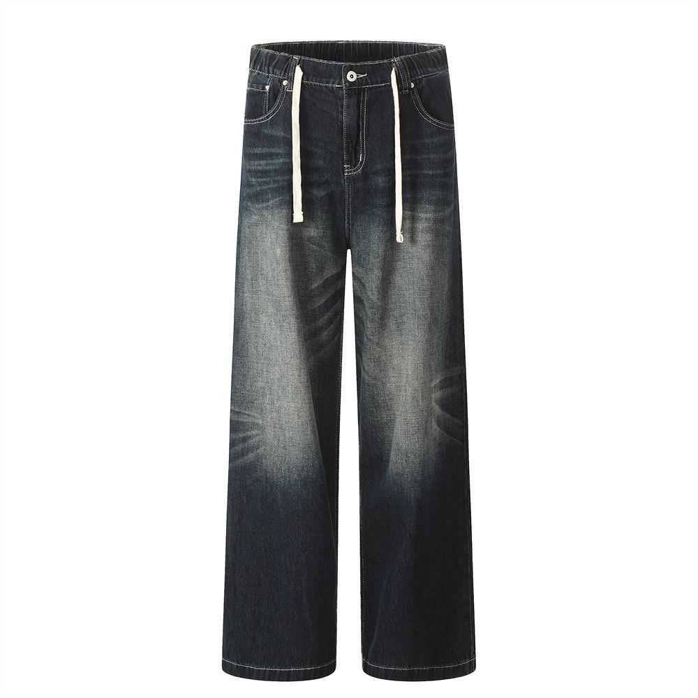 Drawstring Elastic Waist Jeans Washed White Straight Men's Street Style Loose Color Block Wide Leg Long Pants_mkmklike.com