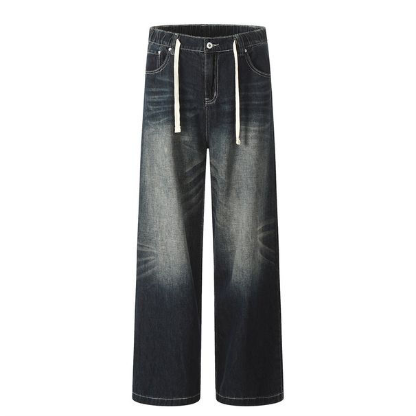 Drawstring Elastic Waist Jeans Washed White Straight Men's Street Style Loose Color Block Wide Leg Long Pants_mkmklike.com