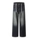 Drawstring Elastic Waist Jeans Washed White Straight Men's Street Style Loose Color Block Wide Leg Long Pants_mkmklike.com