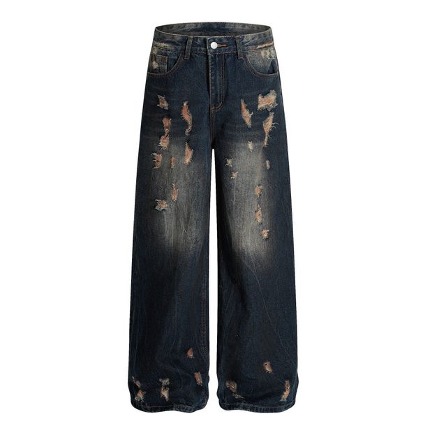 Post-apocalyptic Style Washed Frayed Denim Wide-Leg Men's Punk Street Fashion Distressed Loose Casual Straight-Leg Pants_mkmklike.com