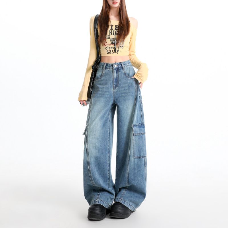 Retro Washed Wide Leg Cargo Jeans For Women Floor Length Pants With Side Pocket Design American Style Autumn New_mkmklike.com