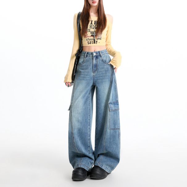 Retro Washed Wide Leg Cargo Jeans For Women Floor Length Pants With Side Pocket Design American Style Autumn New_mkmklike.com