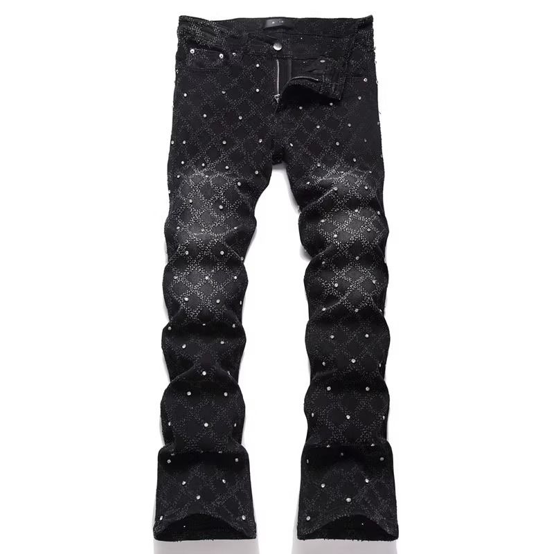 Men's Punk Studded Flare Jeans - Black Argyle Jacquard Denim Pants - Retro Y2K High Street Trousers For Men_mkmklike.com