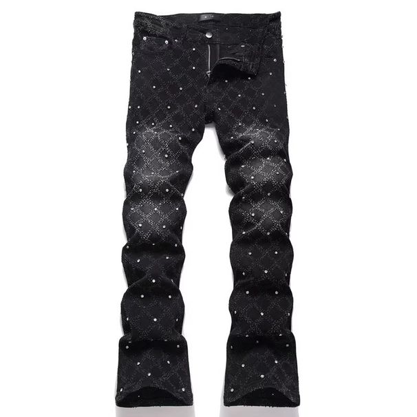 Men's Punk Studded Flare Jeans - Black Argyle Jacquard Denim Pants - Retro Y2K High Street Trousers For Men_mkmklike.com