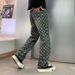 Men's Embroidered Letter High-Waist Jeans – Relaxed Straight-Leg Trousers With Subtle Stretch (Black/Blue)_mkmklike.com