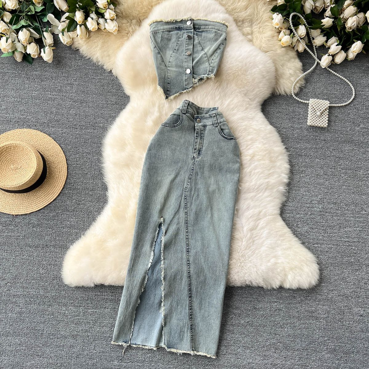 Women's Clothing Design Denim Suit Pure Desire Hot Girl Irregular Short Tube Top Vest High Waist Split Skirt_mkmklike.com