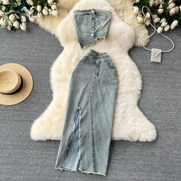 Women's Clothing Design Denim Suit Pure Desire Hot Girl Irregular Short Tube Top Vest High Waist Split Skirt_mkmklike.com