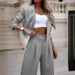 Women's Clothing temperament casual striped short lapel suit straight pants suit_mkmklike.com