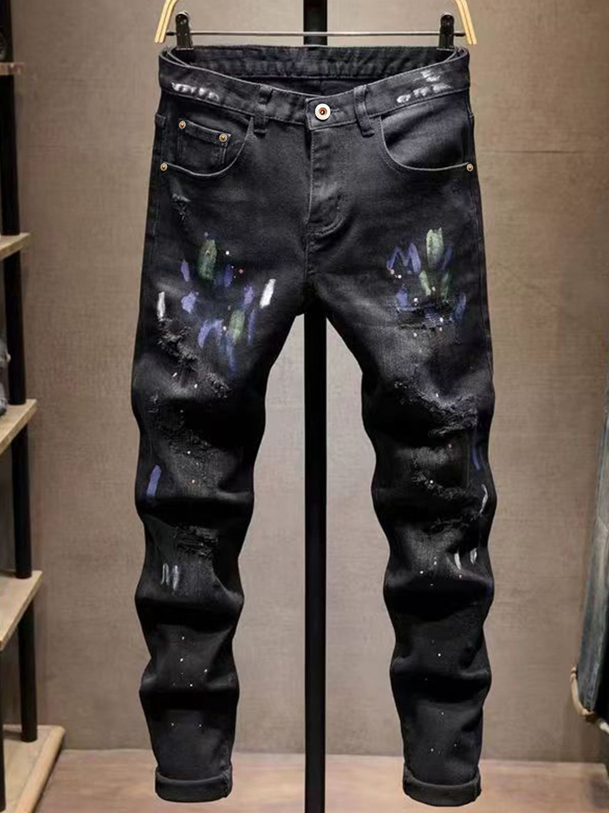 Men's Stretch Skinny Jeans | Distressed Rip & Paint Splatter Design | Washed Black Denim Pants For Street Style_mkmklike.com