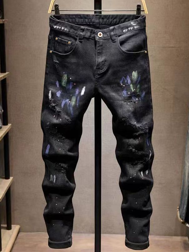 Men's Stretch Skinny Jeans | Distressed Rip & Paint Splatter Design | Washed Black Denim Pants For Street Style_mkmklike.com