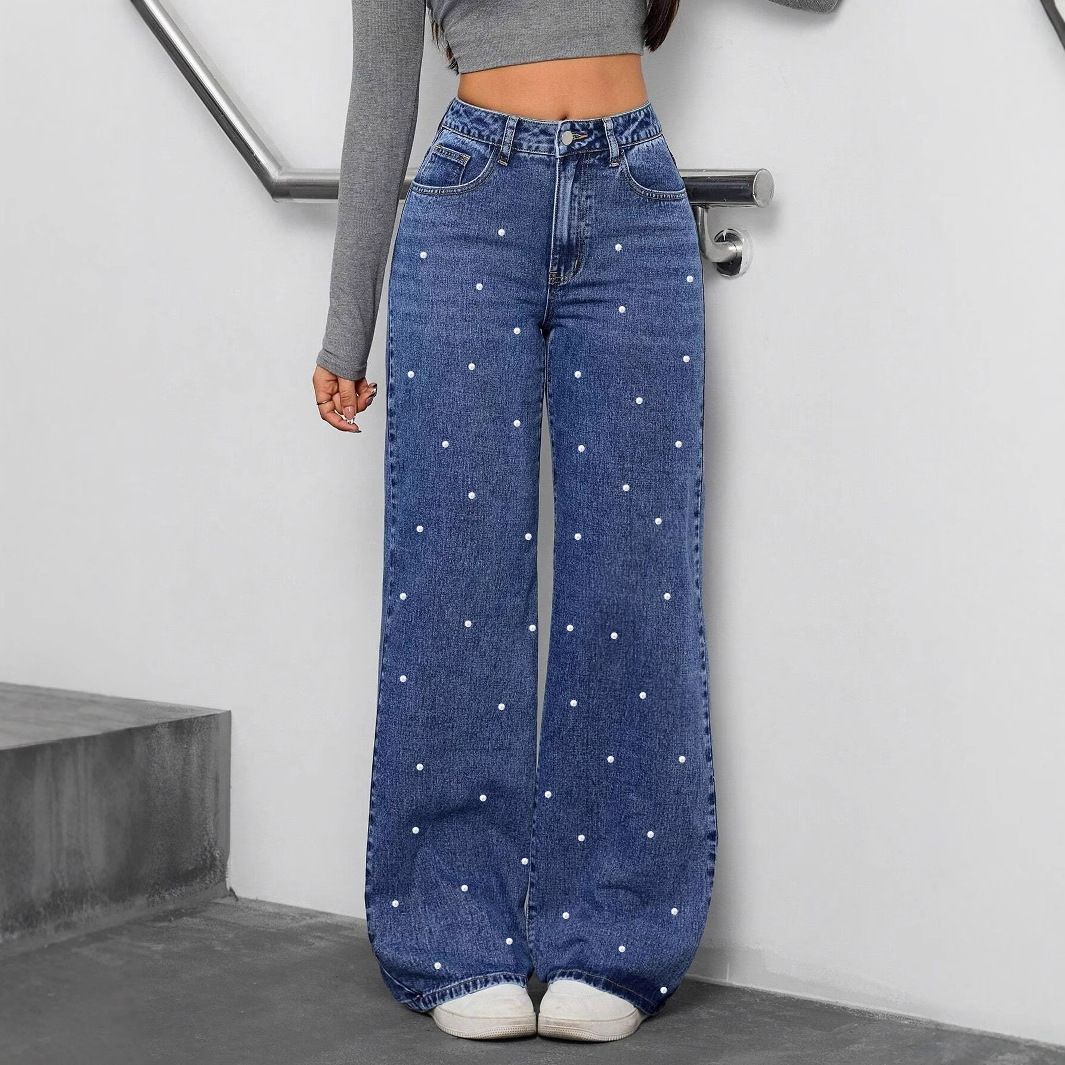 Pearl-Embellished High Waist Straight Leg Jeans – Vintage Wash Denim Pants For Women_mkmklike.com