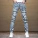 2023 Summer New Men's Light Blue Nostalgic Slim Fit Motorcycle Patchwork Frayed Hem Jeans Skinny Mid-Waist Pants_mkmklike.com