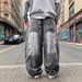 Vintage Washed Denim Pants For Men - Relaxed Wide Leg, Distressed Gray, Mid-Rise Zip Fly For Retro Street Style_mkmklike.com