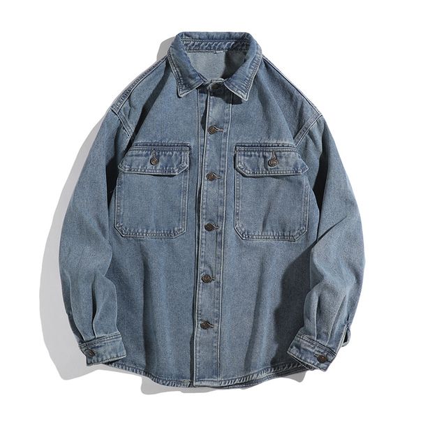 Vintage Denim Shirt Jacket For Men - Long Sleeve Relaxed Fit Workwear Style With Classic Wash & Button Front_mkmklike.com