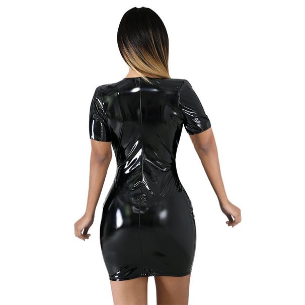 Women's Colorful Leather Dress Zipper PU High Elastic Deep V Neck Short Dress Four Sided Stretch Leather Skirt Hip Skirt_mkmklike.com