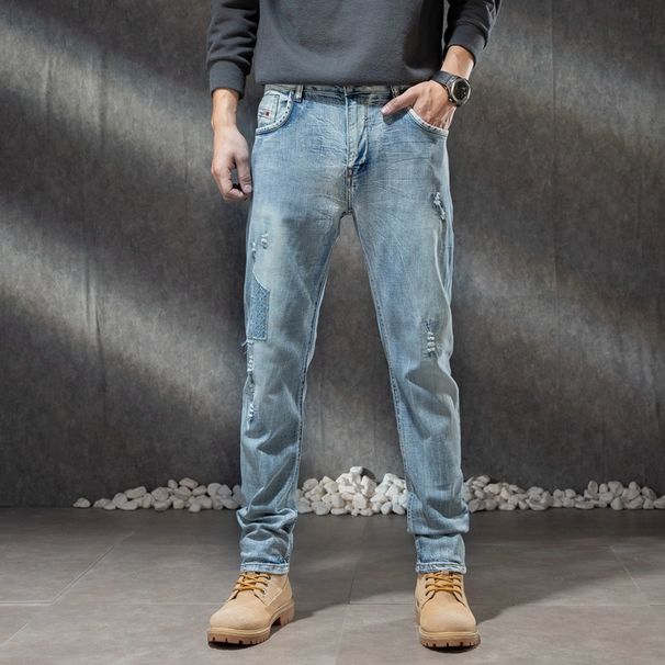 Men's Light Colored Trendy Summer Denim Jeans High End Straight Leg Slim Fit Stretch Skinny Casual Pants for Spring And Autumn_mkmklike.com