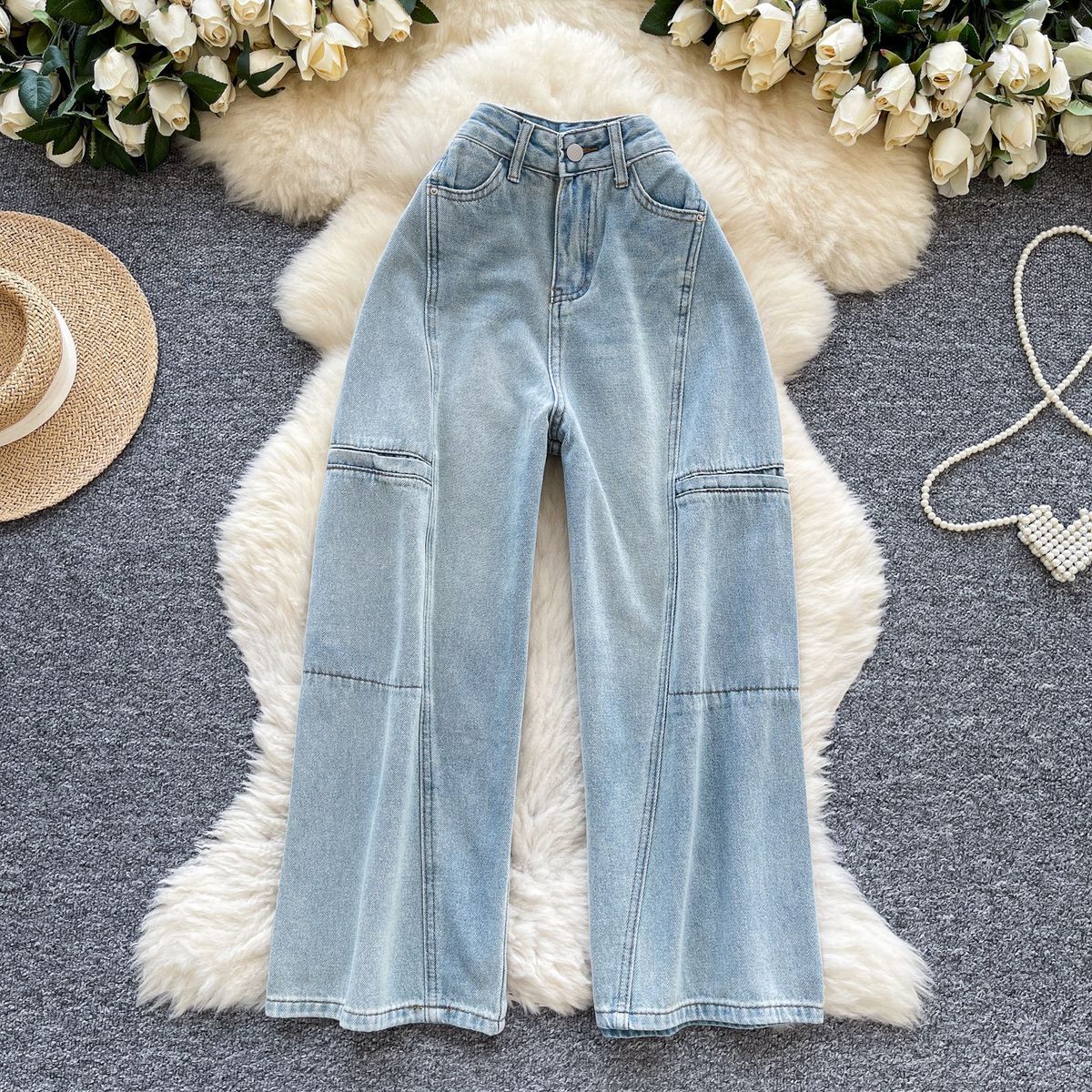 Women's Clothing Vintage Chic High-Waisted Light Wash Jeans For Women - Loose Wide-Leg Cropped Flare Pants With Retro Denim Stitching_mkmklike.com