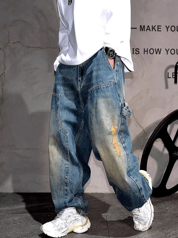 Y2k Vintage Distressed High Street Loose Fit Straight Leg Jeans For Men & Women - Comfortable Cotton Denim With Frayed Details_mkmklike.com
