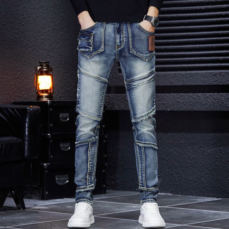 Men's Distressed Patchwork Jeans - Vintage Washed Slim Fit Denim Pants With Artistic Rips & Embellishments For Urban Street Style_mkmklike.com