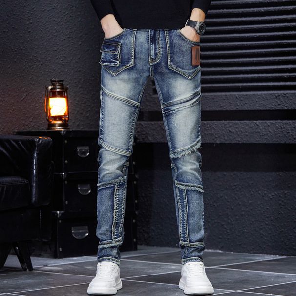 Men's Distressed Patchwork Jeans - Vintage Washed Slim Fit Denim Pants With Artistic Rips & Embellishments For Urban Street Style_mkmklike.com
