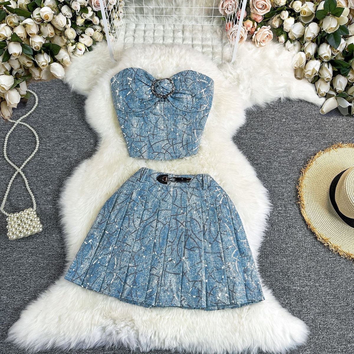 Women's Clothing Summer Pure Desire Hot Girl Sequin Design Denim Tube Top + Pleated Skirt Short Skirt Fashion Suit For Women_mkmklike.com