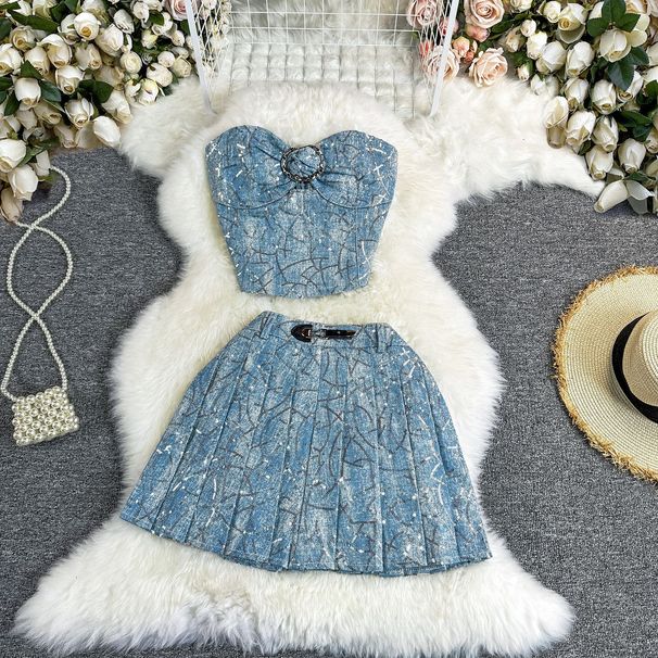 Women's Clothing Summer Pure Desire Hot Girl Sequin Design Denim Tube Top + Pleated Skirt Short Skirt Fashion Suit For Women_mkmklike.com