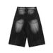 Unisex Vintage Washed Denim Shorts With Lightning Bolt Design American High Street Style Loose Fit Straight Leg Summer Shorts_mkmklike.com