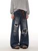 Men's Clothing Wasteland Style Dirty Dyed Hole Jeans Men's Summer High Street Vibe Flared Straight Casual Loose Pants_mkmklike.com