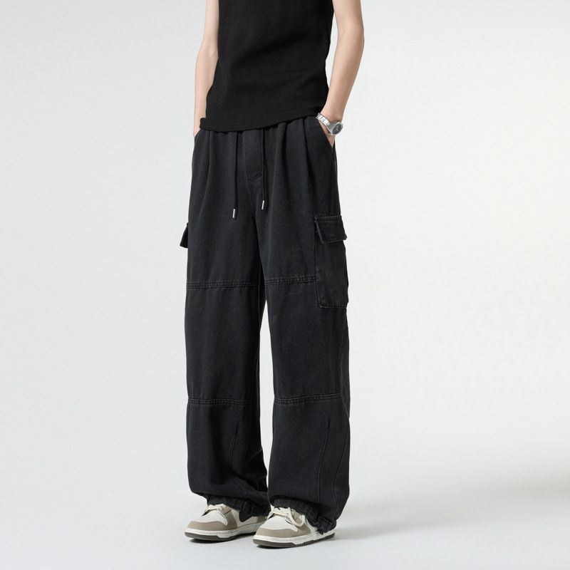 "Men's Vintage Washed Denim Work Pants – Relaxed Wide Leg Fit With Utility Pockets (S-3XL, Light Blue/Black)"_mkmklike.com